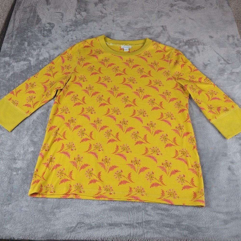 Sundance Chartreuse Green Waffle Knit Pink Floral Thermal 3/4 Sleeve Shirt XL